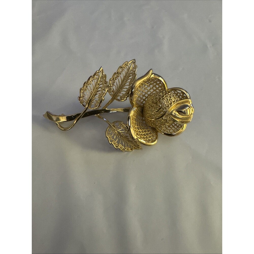 Vintage Vermeil Filigree Rose Brooch Signed Germany Sterling -W Nonnenmann Read